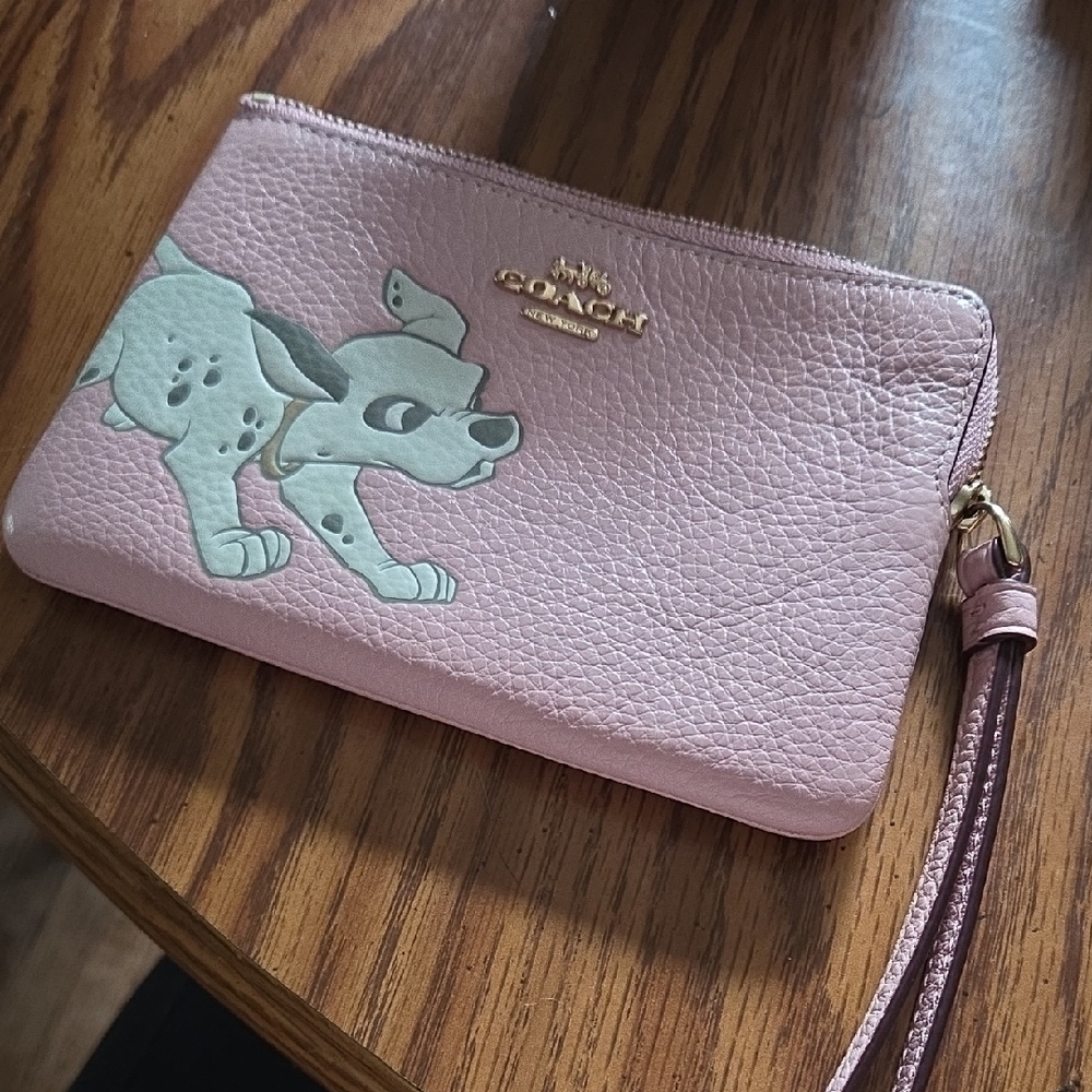 Coach Light Pink Leather Wristlet with Dog Motif